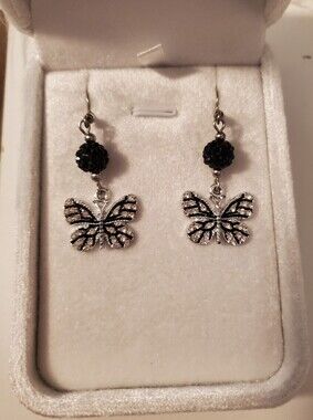 Butterfly Dangle Earrings with Black Bead And Rhinestone Accents